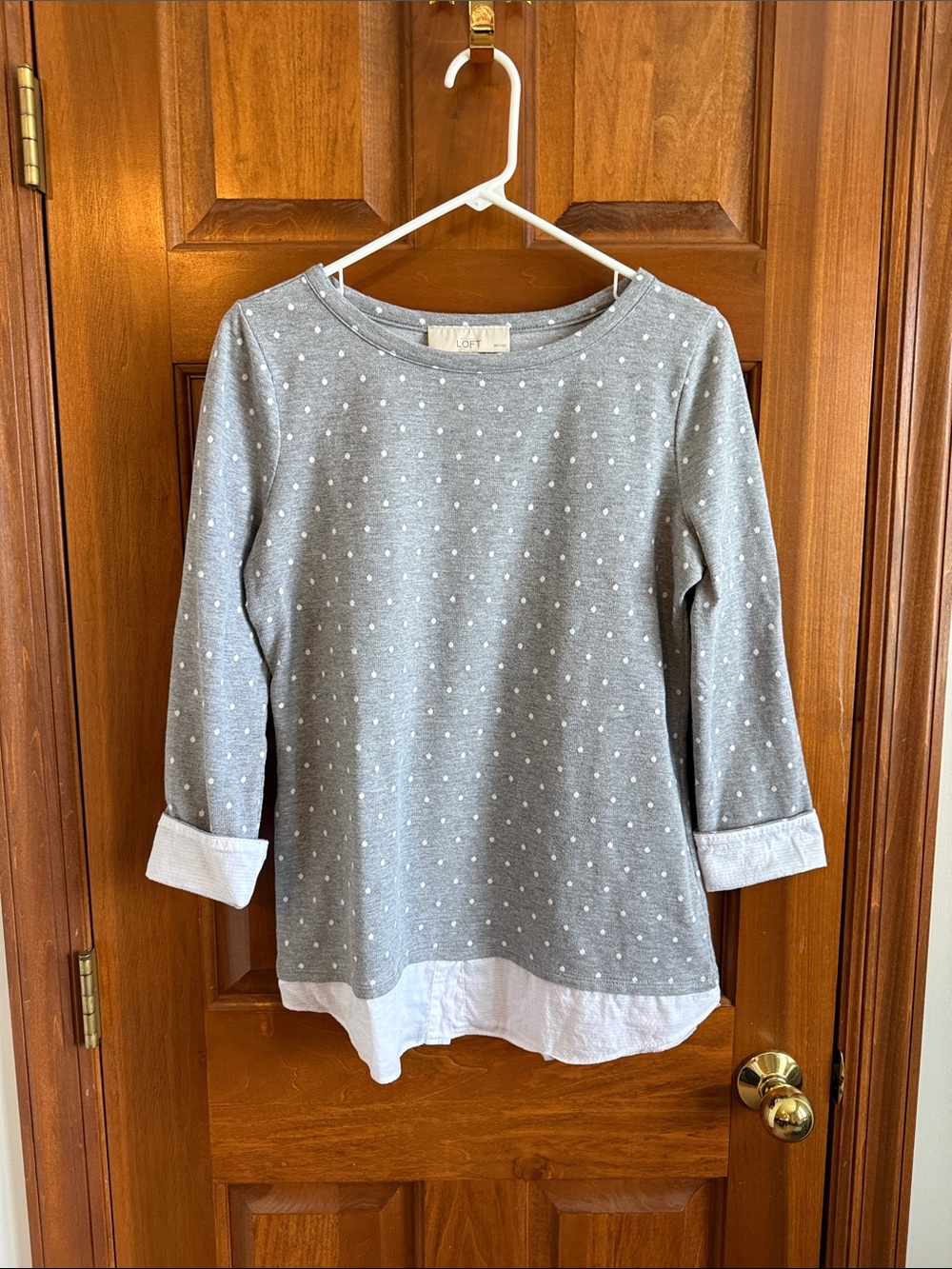 LOFT Gray Polka Dot Long Sleeve Tee with White Trim
